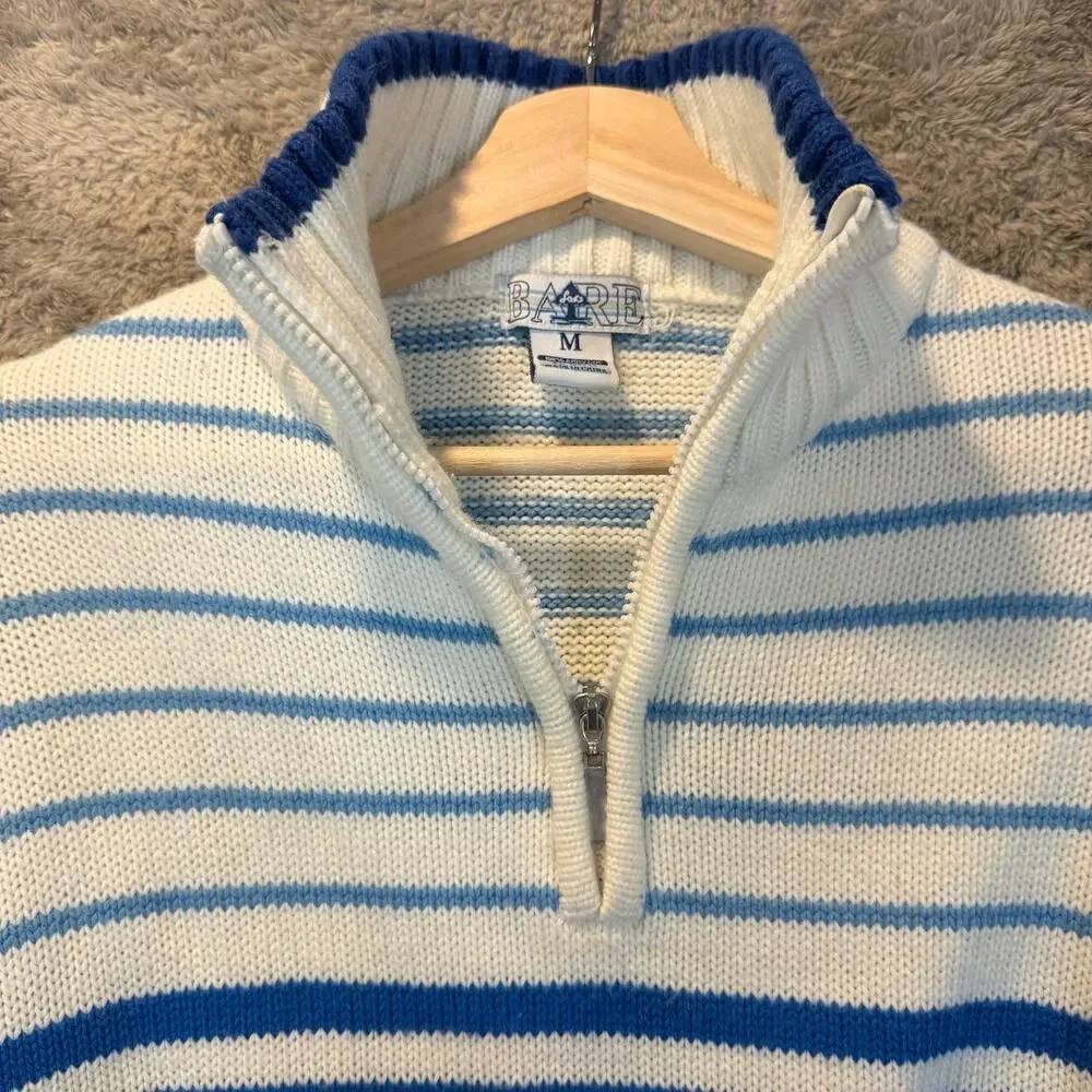 Vintage Bare Fox Blue White Stripe Pullover Ski Sweater M Medium 1/4 Zip